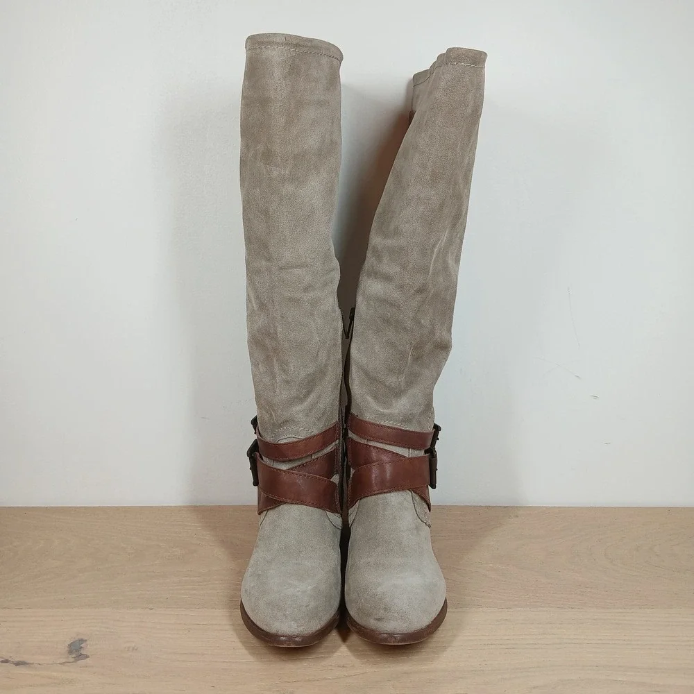 Aldo Knee High Boots Womens 6 Gray Suede Leather Buckle Riding Boho Casual